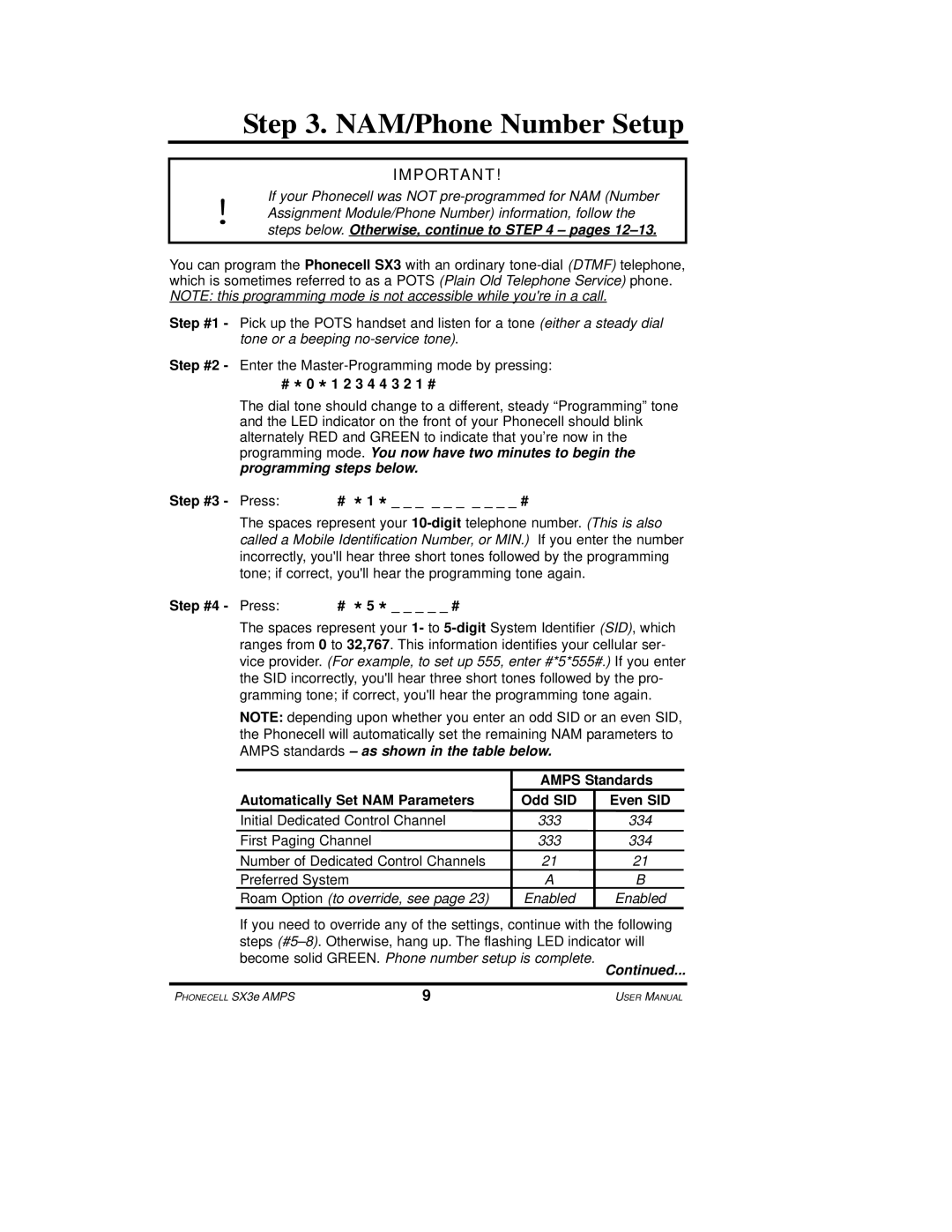 Telular SX3e user manual NAM/Phone Number Setup, Steps below. Otherwise, continue to pages, Odd SID Even SID 