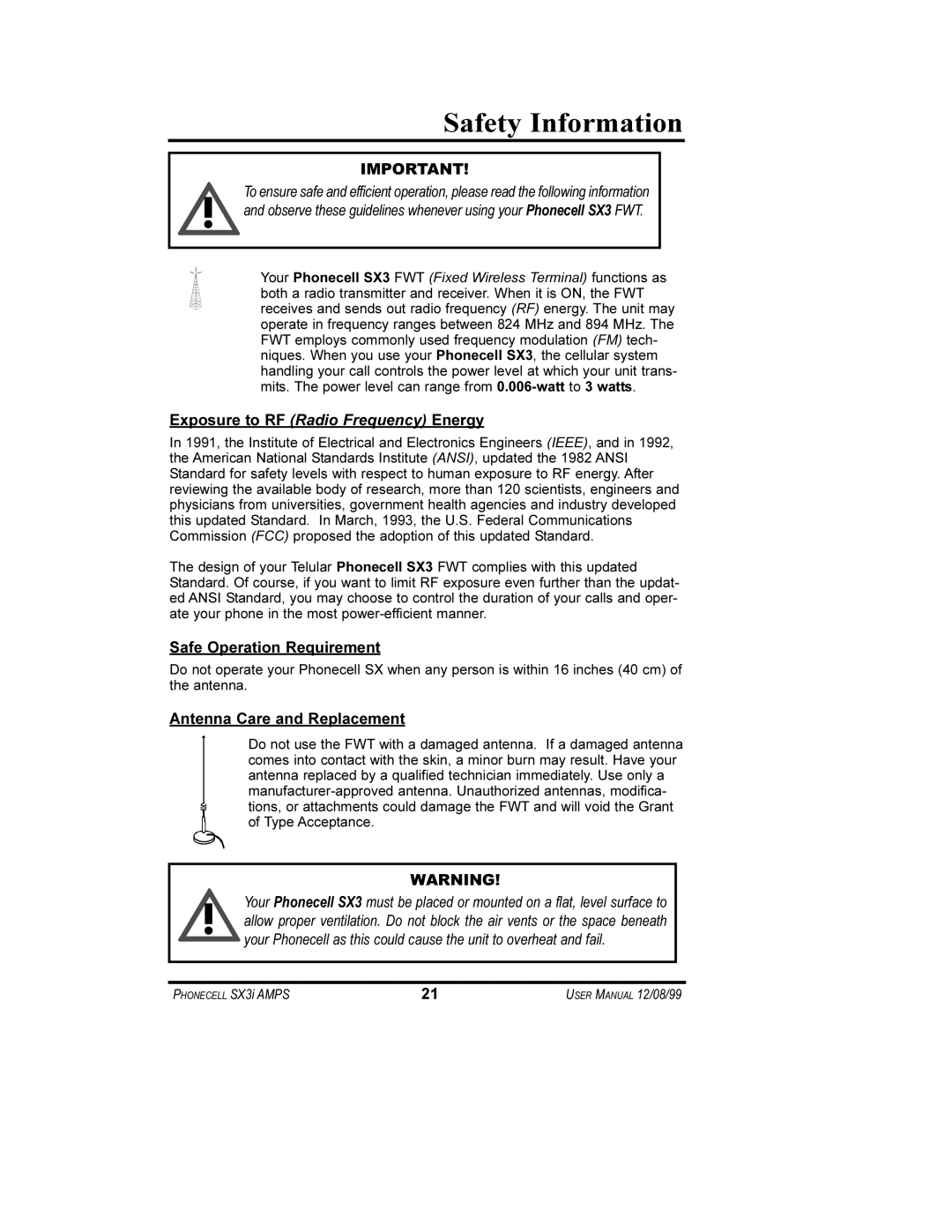 Telular SX3i user manual Safety Information, Exposure to RF Radio Frequency Energy, Safe Operation Requirement 