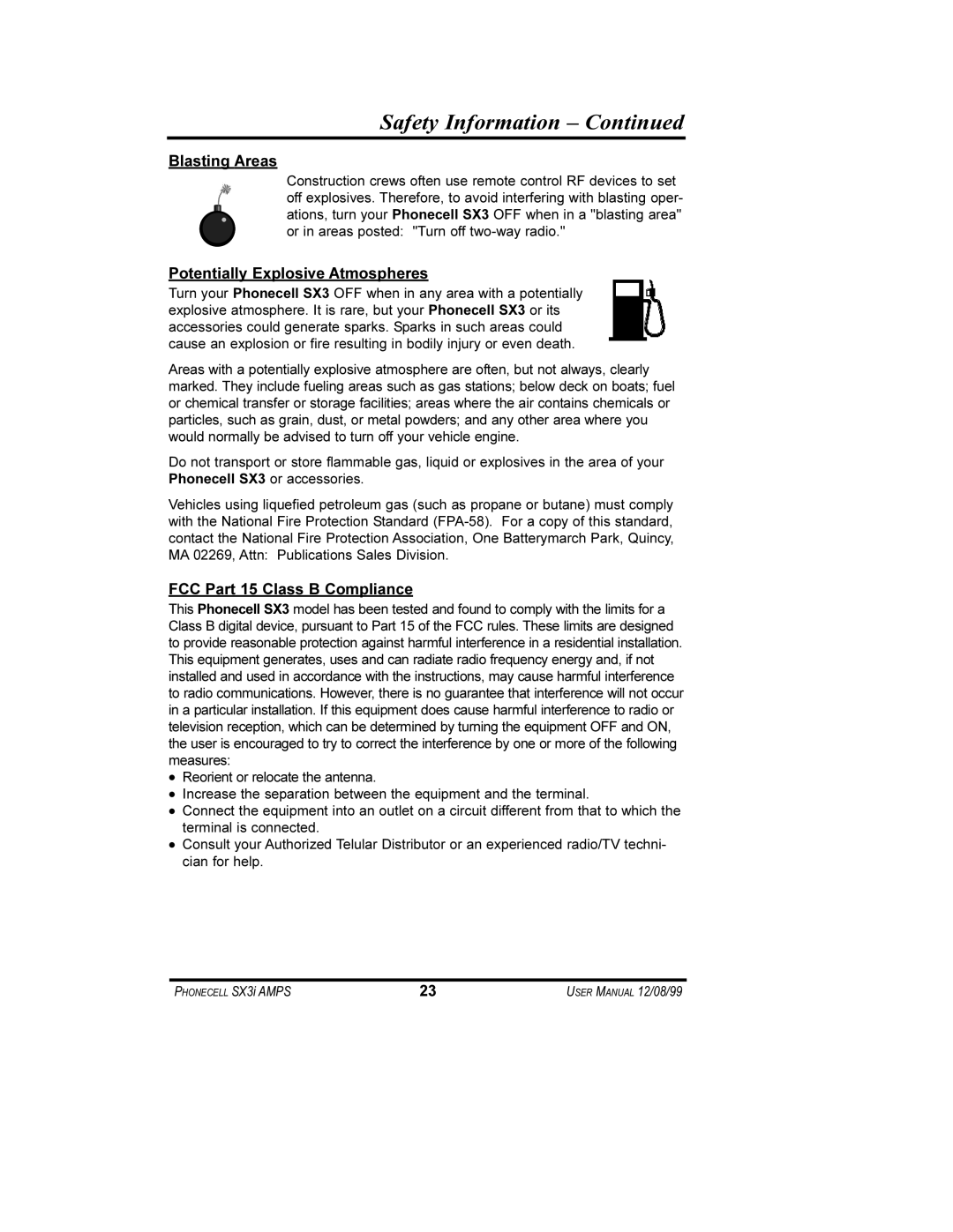 Telular SX3i user manual Blasting Areas, Potentially Explosive Atmospheres, FCC Part 15 Class B Compliance 