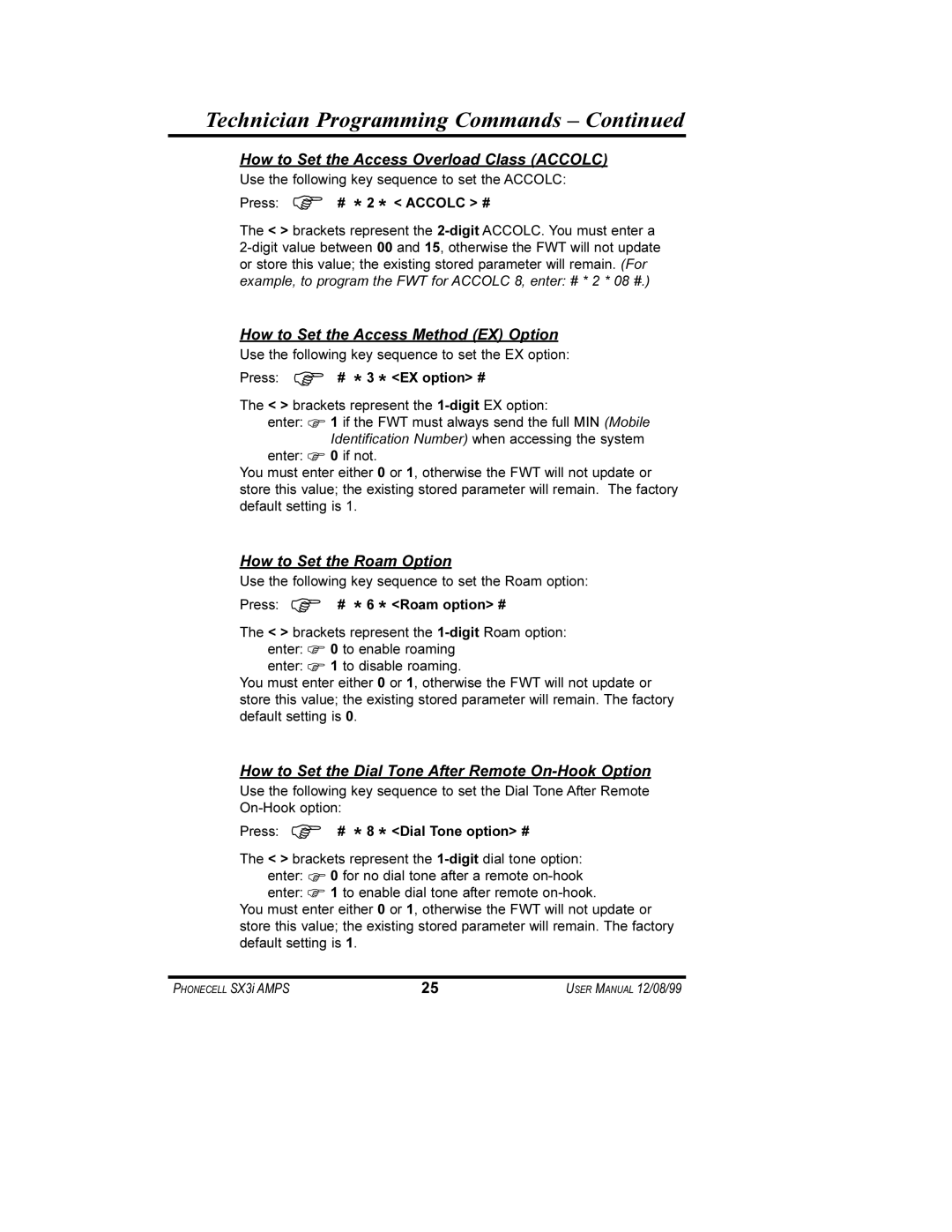 Telular SX3i Technician Programming Commands, How to Set the Access Overload Class Accolc, How to Set the Roam Option 