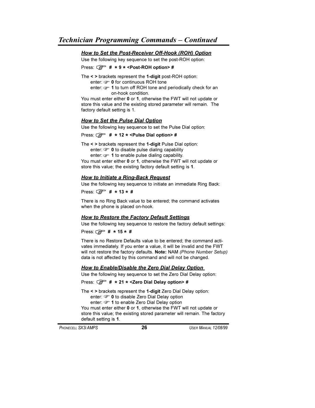 Telular SX3i user manual How to Set the Post-Receiver Off-Hook ROH Option, How to Set the Pulse Dial Option 