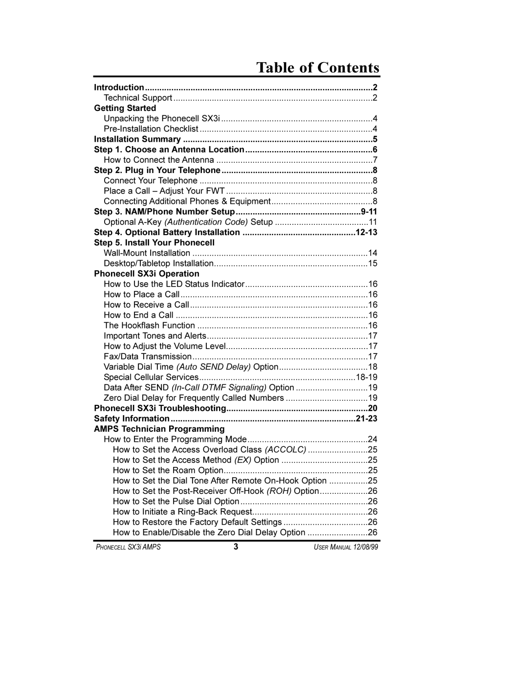 Telular SX3i user manual Table of Contents 