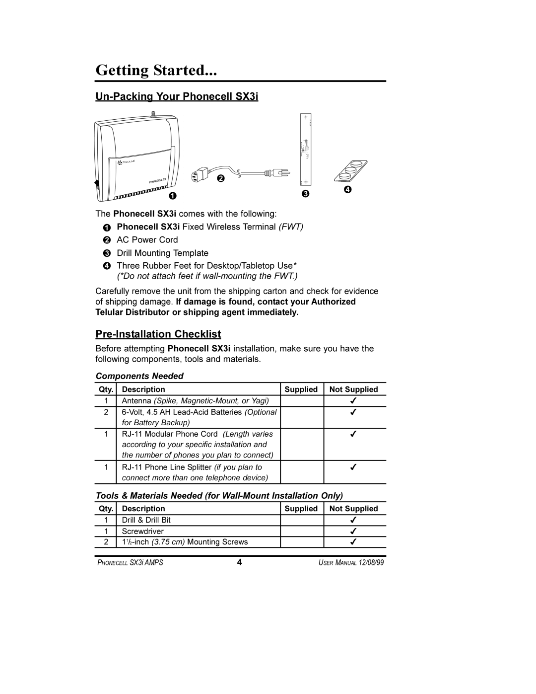 Telular user manual Getting Started, Un-Packing Your Phonecell SX3i, Pre-Installation Checklist, Components Needed 