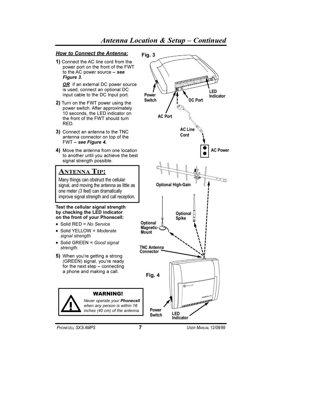 Telular SX3i user manual Antenna Location & Setup, How to Connect the Antenna, Power, Switch 