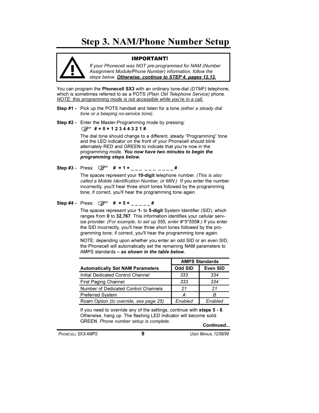 Telular SX3i user manual NAM/Phone Number Setup, Odd SID Even SID 