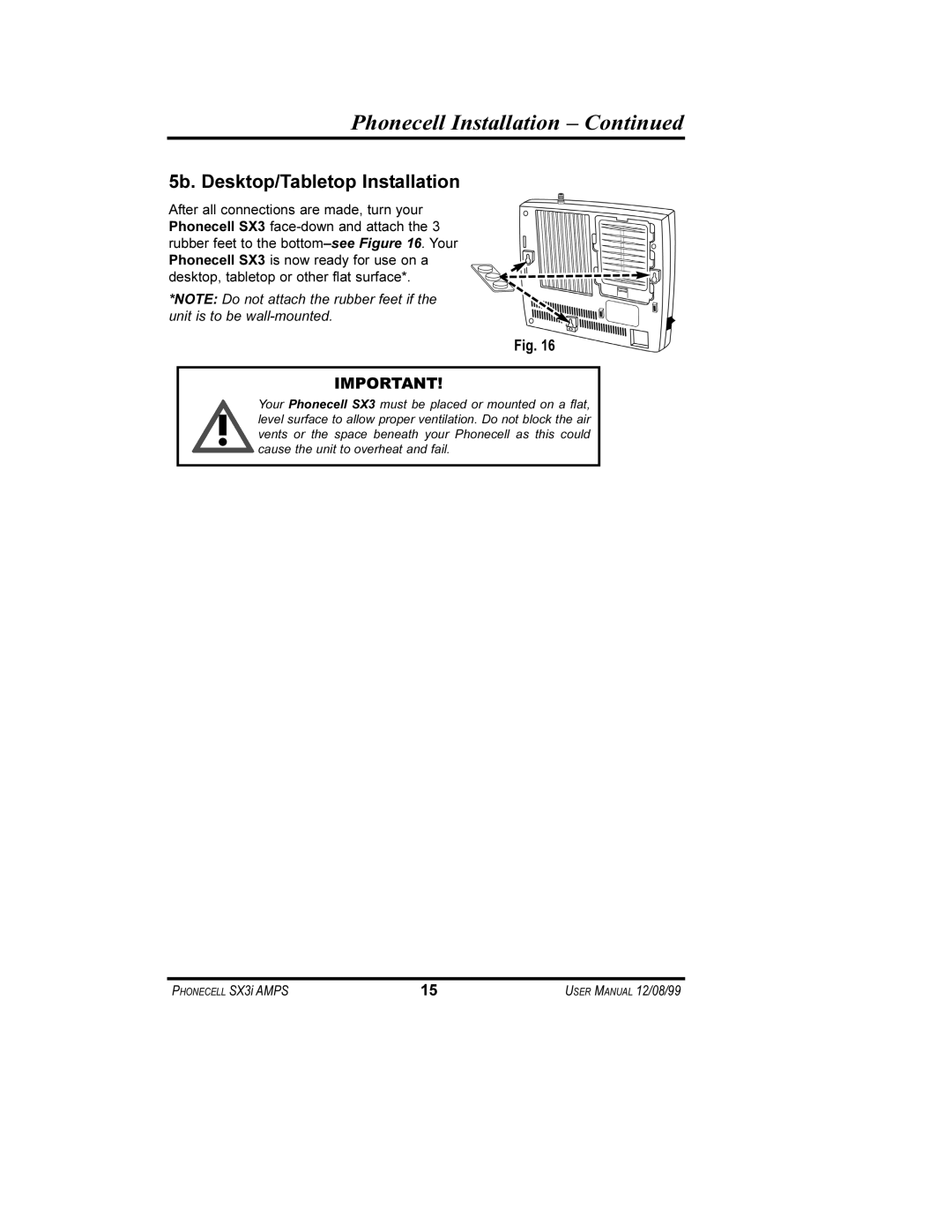 Telular user manual Phonecell Installation - Continued, 5b. Desktop/Tabletop Installation, PHONECELL SX3i AMPS 