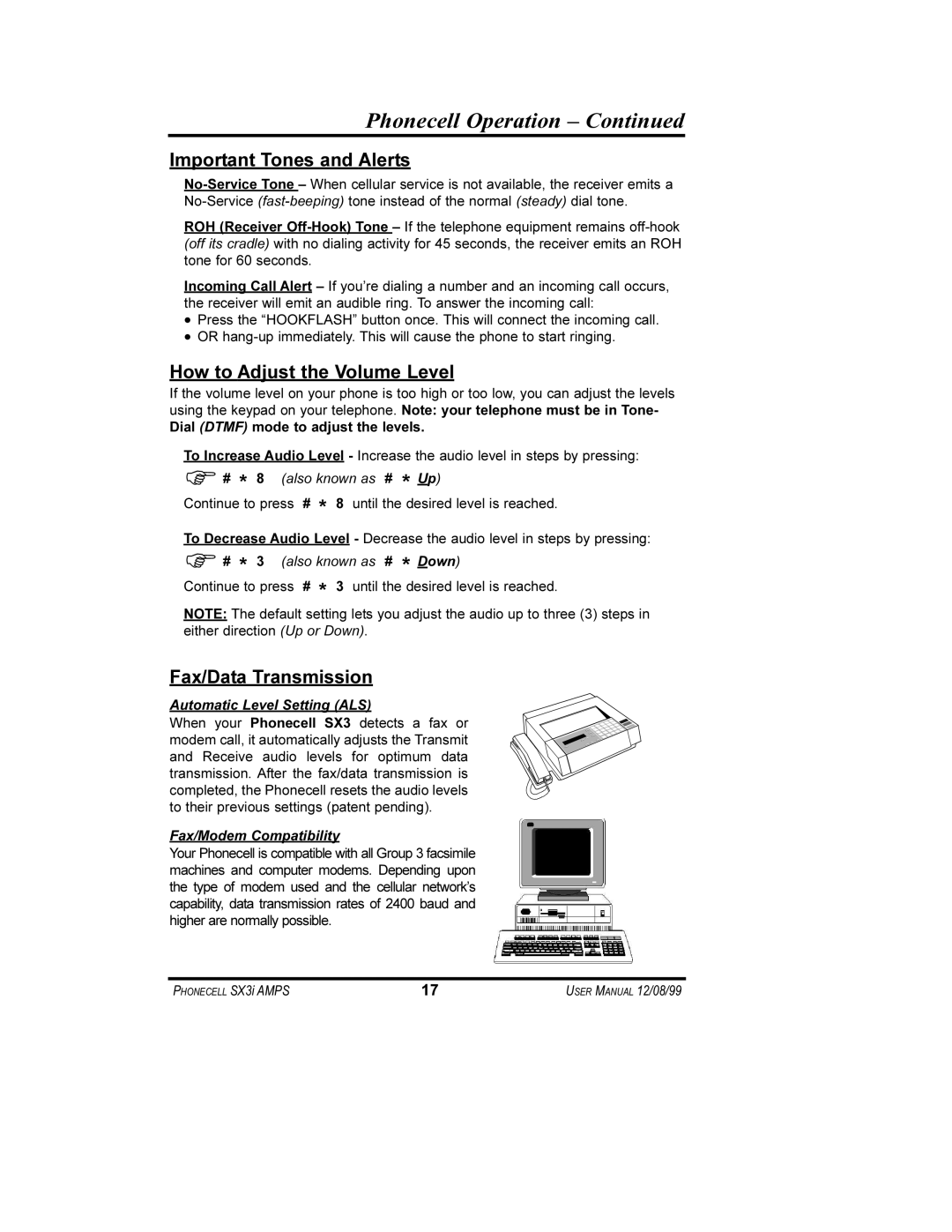 Telular SX3i user manual Phonecell Operation - Continued, Important Tones and Alerts, How to Adjust the Volume Level 