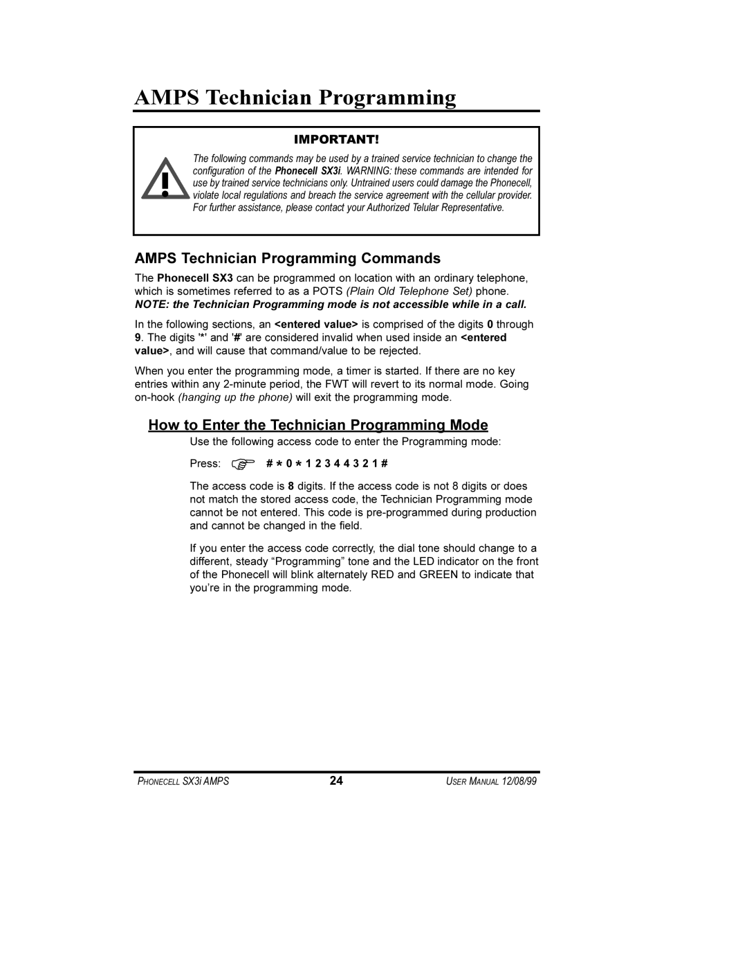 Telular AMPS Technician Programming Commands, How to Enter the Technician Programming Mode, PHONECELL SX3i AMPS 