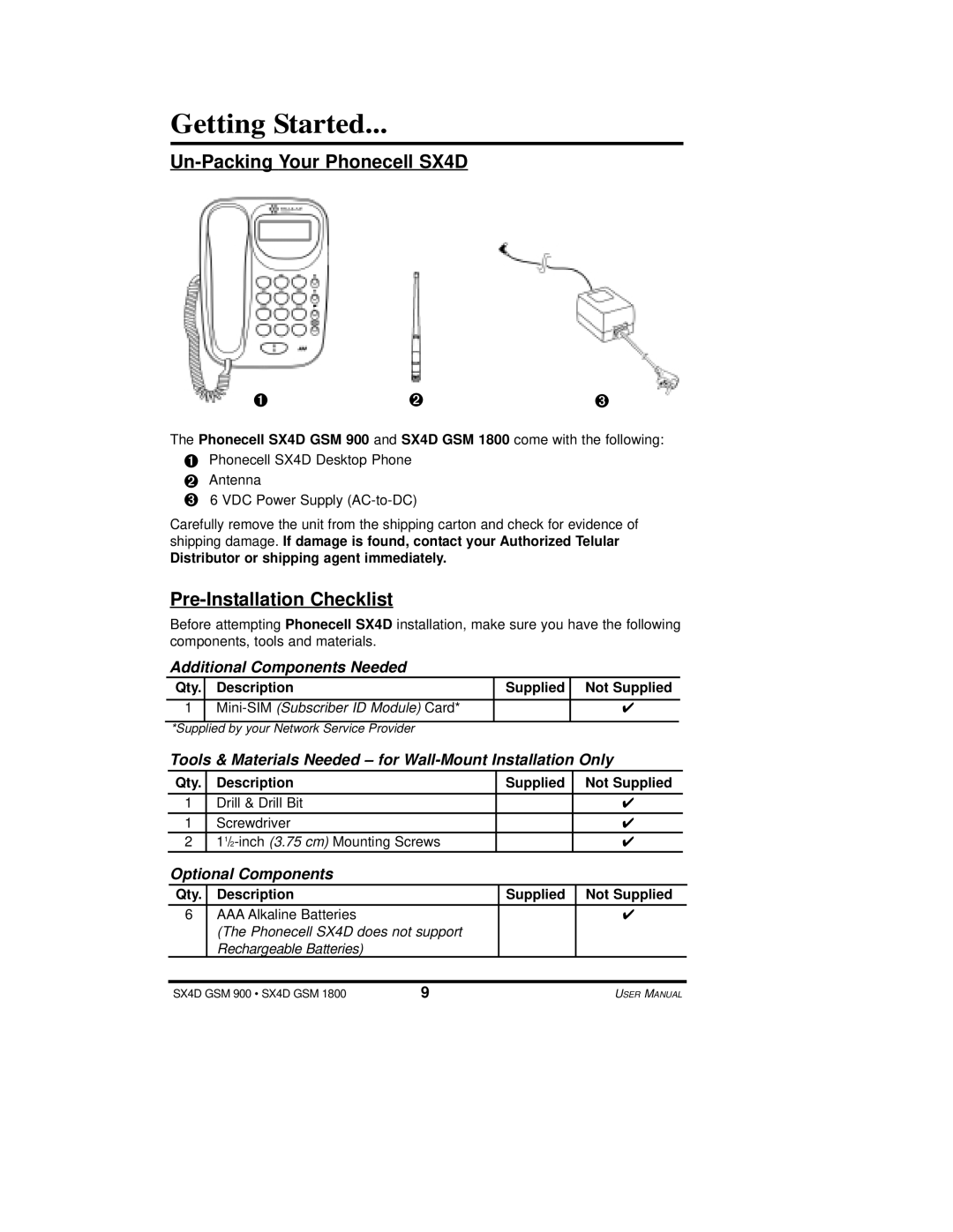 Telular user manual Getting Started, Un-Packing Your Phonecell SX4D, Pre-Installation Checklist 