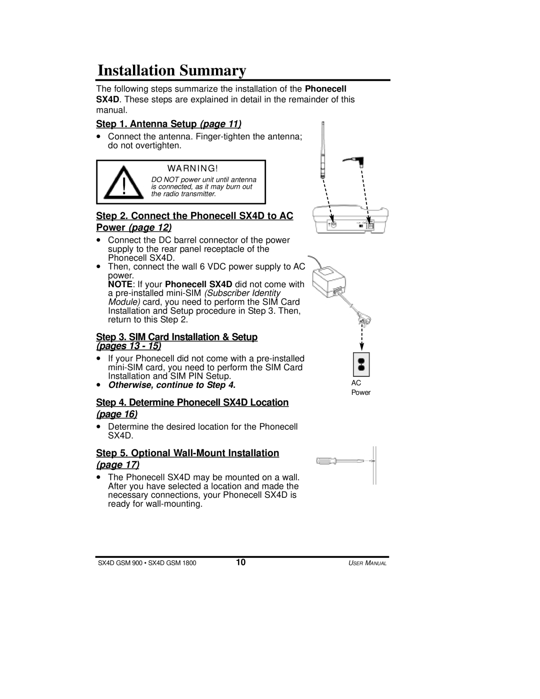 Telular SX4D user manual Installation Summary, Otherwise, continue to Step, AC Power 