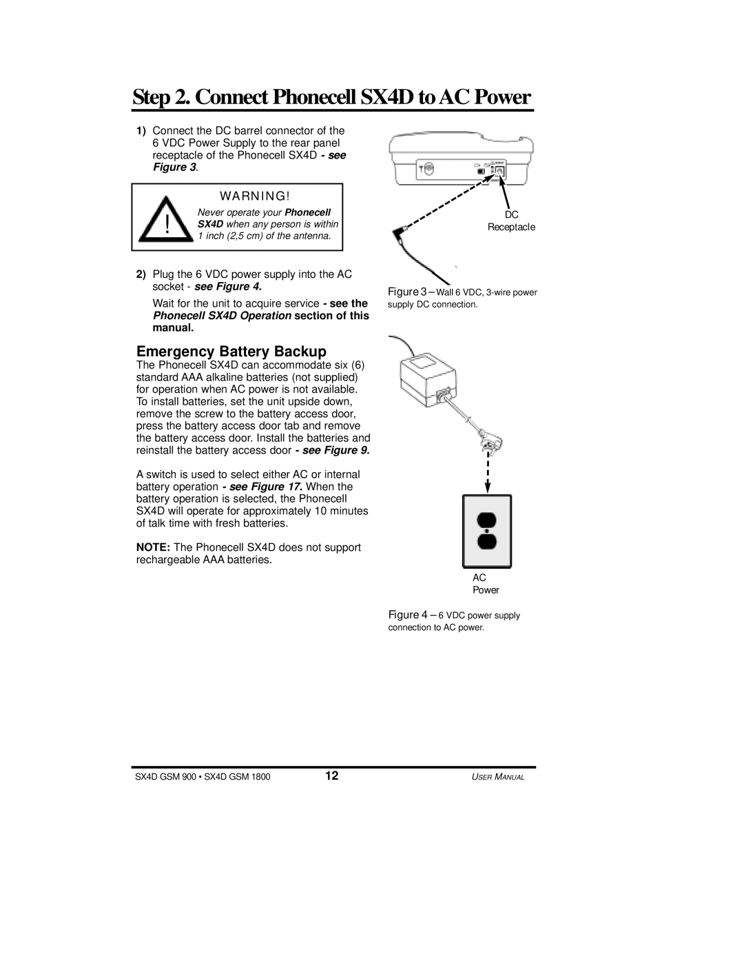 Telular user manual Connect Phonecell SX4D to AC Power, Emergency Battery Backup, Receptacle 