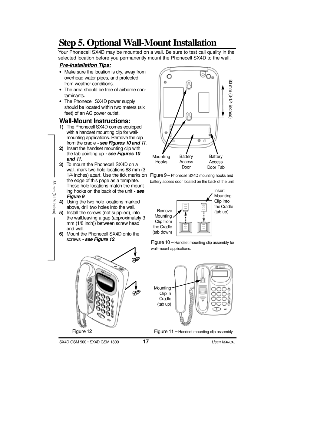 Telular SX4D user manual Optional Wall-Mount Installation, Wall-Mount Instructions, Mounting Clip Cradle tab up 