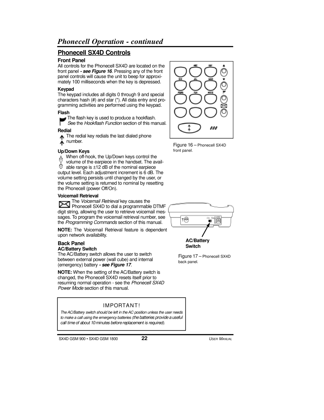 Telular user manual Phonecell Operation, Phonecell SX4D Controls, Front Panel, Back Panel 