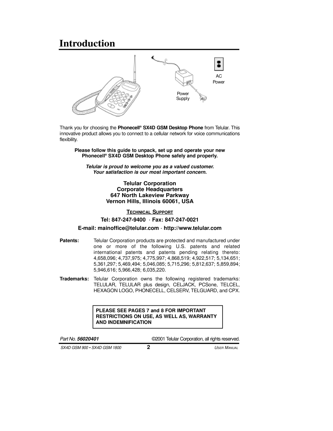 Telular SX4D user manual Introduction, Tel 847-247-9400 · Fax, Power Supply, Please see Pages 7 and 8 for Important 