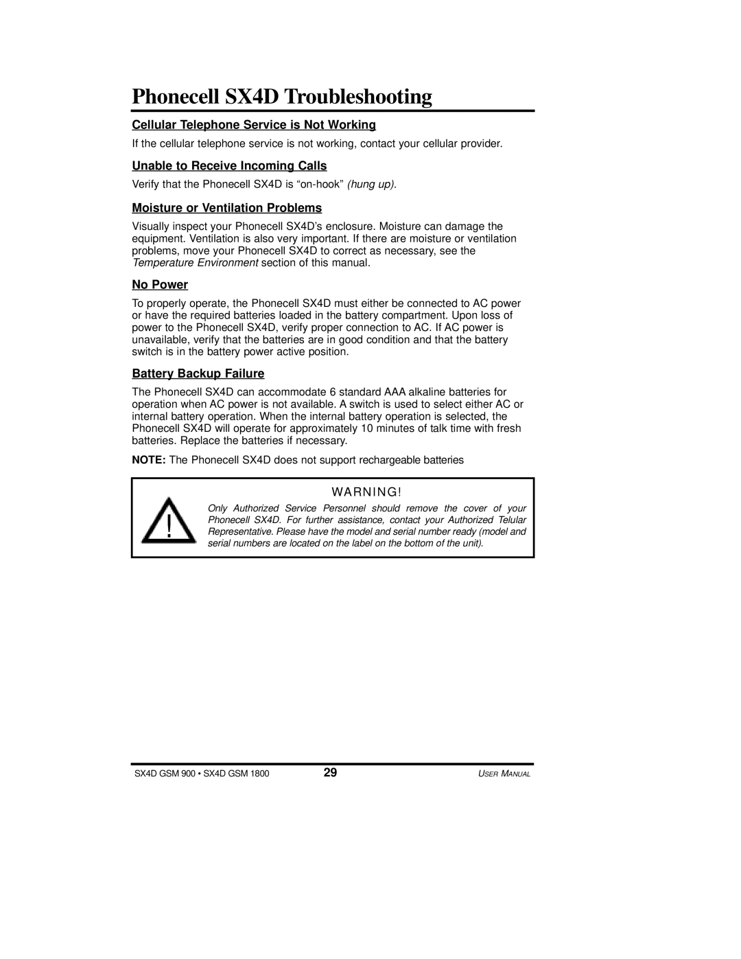 Telular user manual Phonecell SX4D Troubleshooting 