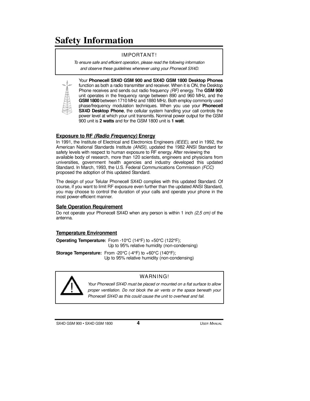 Telular SX4D user manual Safety Information, Exposure to RF Radio Frequency Energy, Safe Operation Requirement 