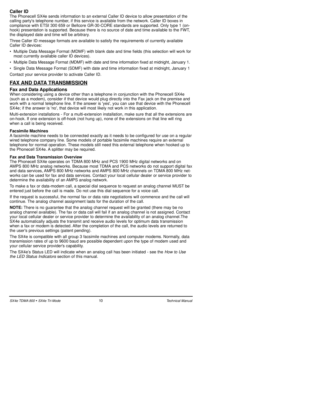 Telular SX4e TDMA technical manual FAX and Data Transmission, Caller ID, Fax and Data Applications, Facsimile Machines 