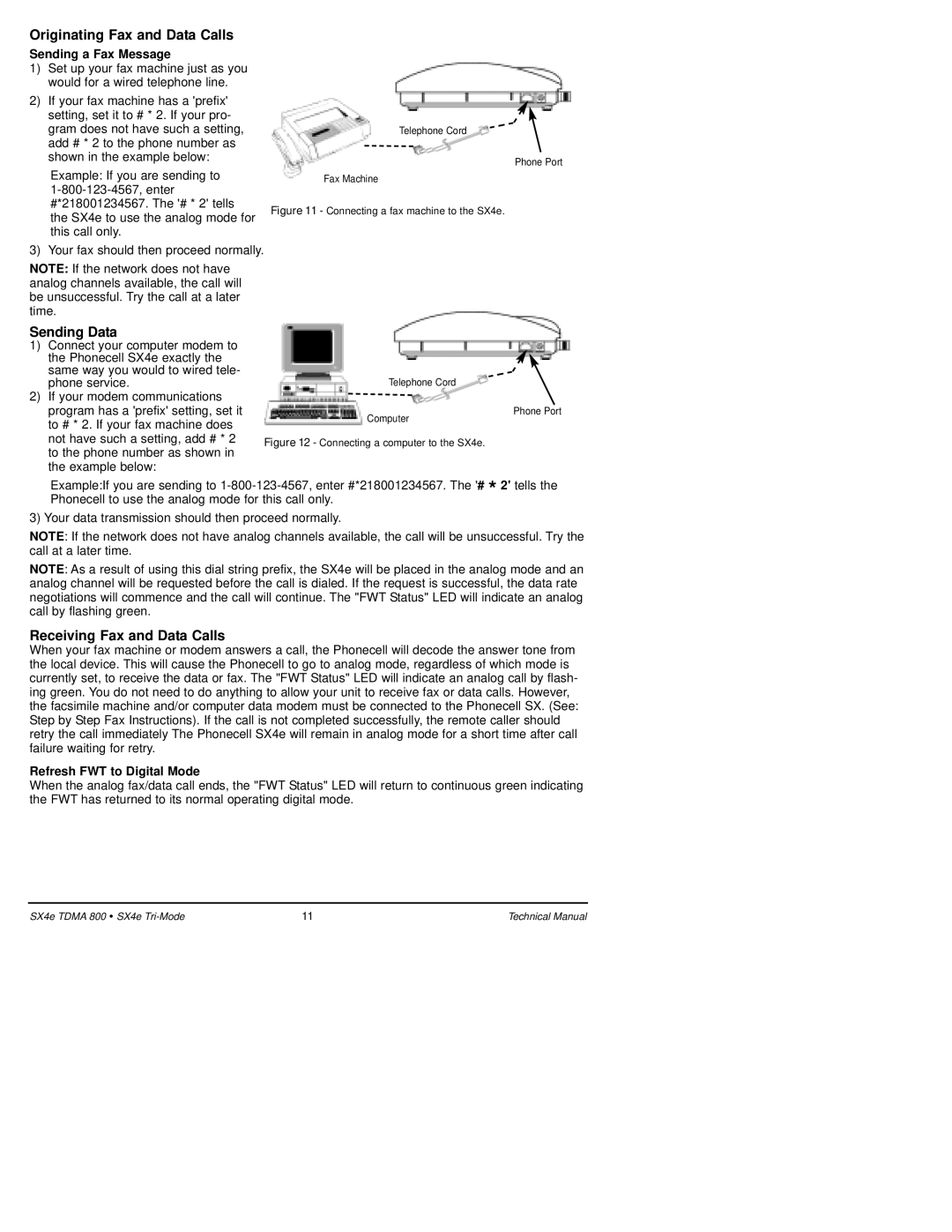 Telular SX4e TDMA Originating Fax and Data Calls, Sending Data, Receiving Fax and Data Calls, Sending a Fax Message 