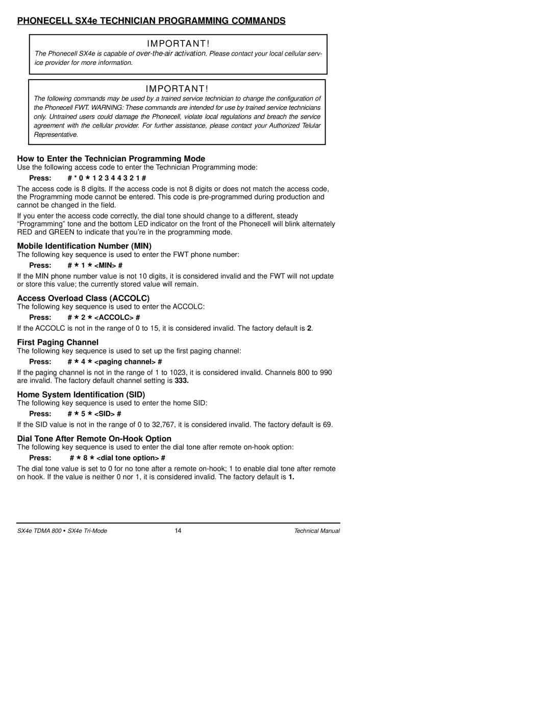 Telular SX4e TDMA technical manual Phonecell SX4e Technician Programming Commands 
