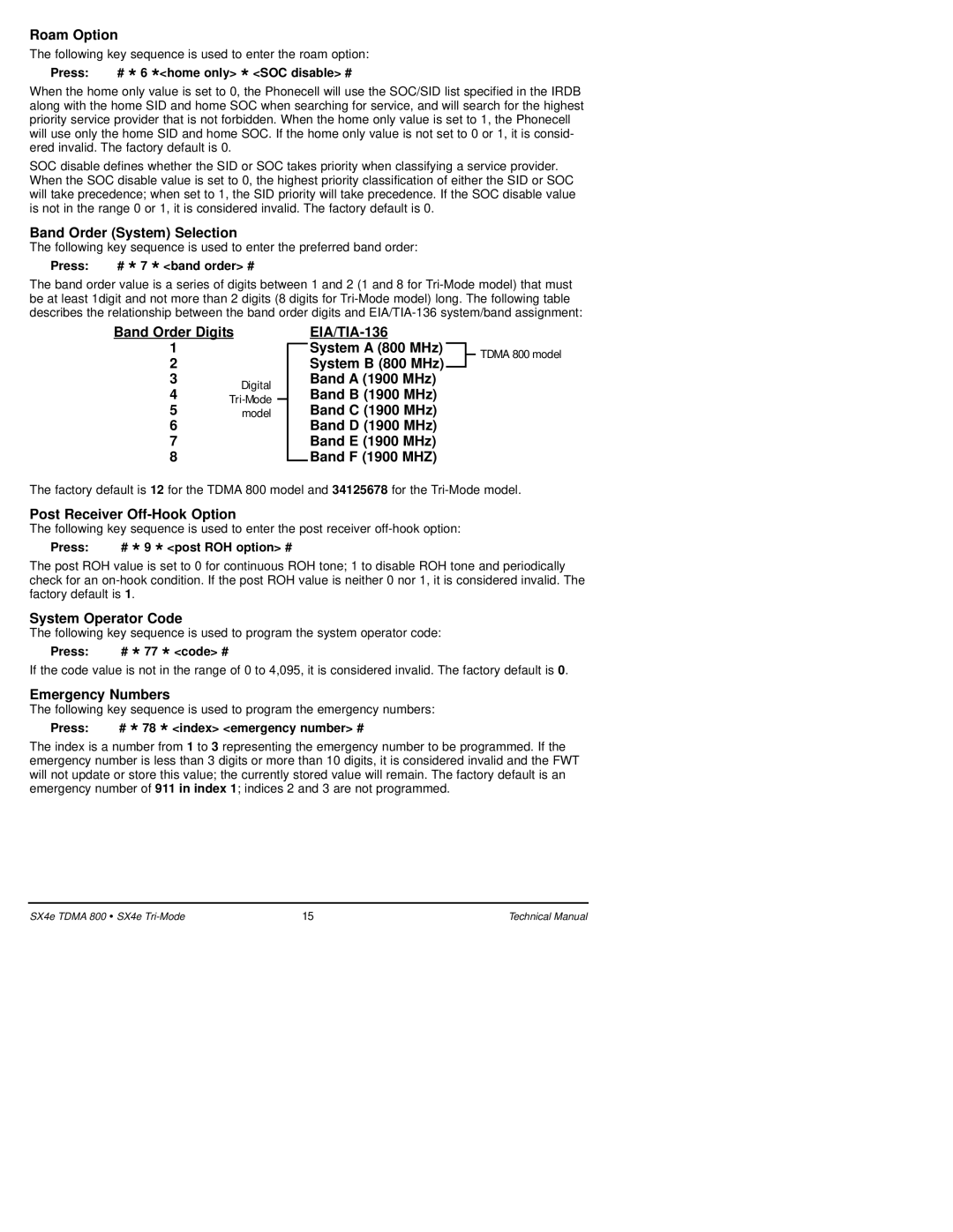 Telular SX4e TDMA Roam Option, Band Order System Selection, Post Receiver Off-Hook Option, System Operator Code 