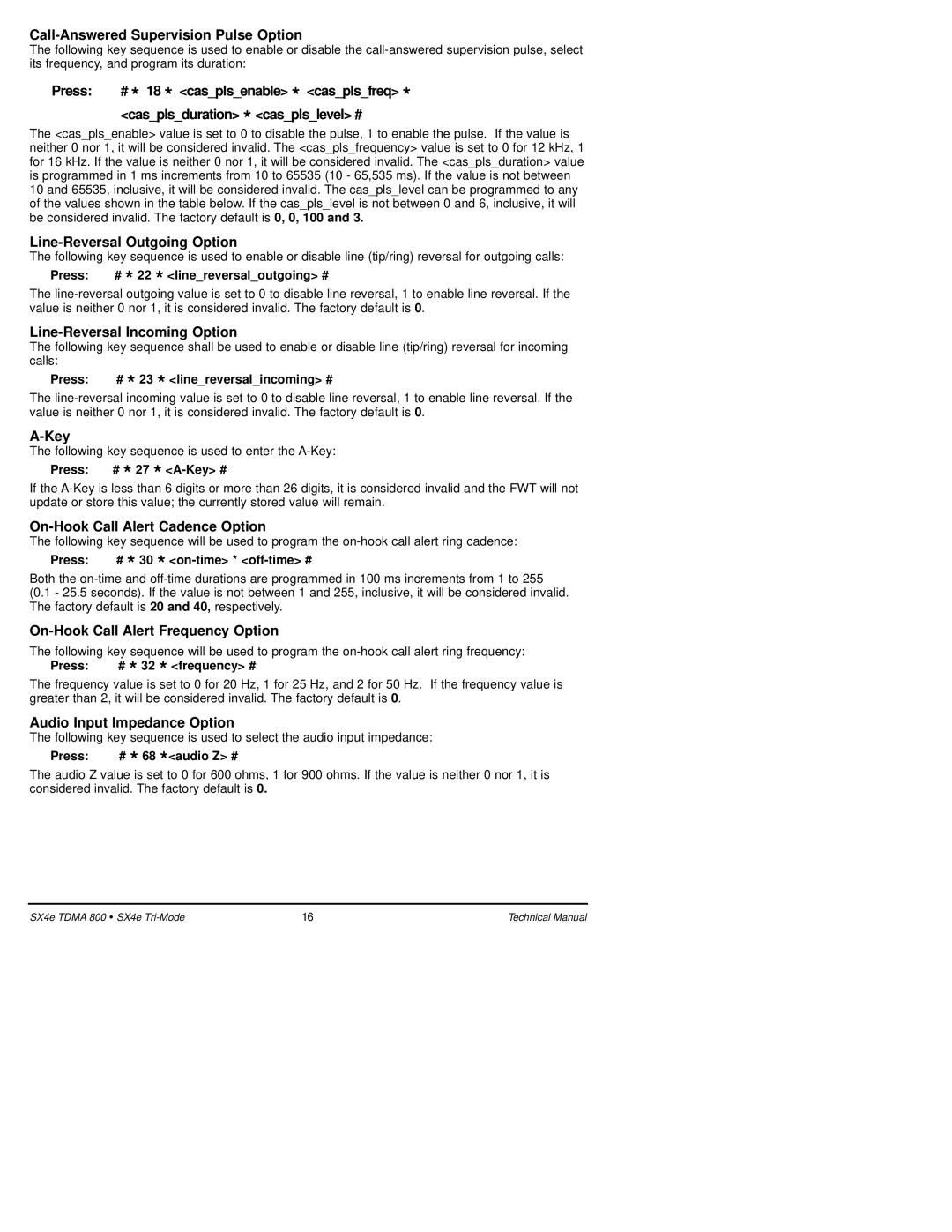 Telular SX4e TDMA technical manual Call-Answered Supervision Pulse Option, Press, Casplsduration * casplslevel #, Key 