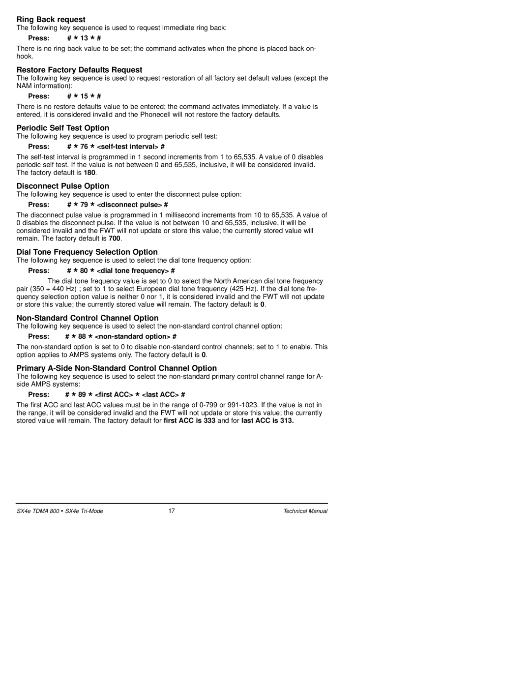 Telular SX4e TDMA Ring Back request, Restore Factory Defaults Request, Periodic Self Test Option, Disconnect Pulse Option 