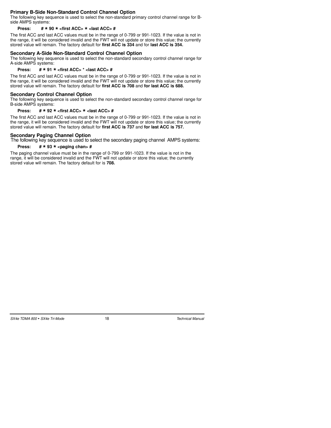 Telular SX4e TDMA Primary B-Side Non-Standard Control Channel Option, Secondary A-Side Non-Standard Control Channel Option 