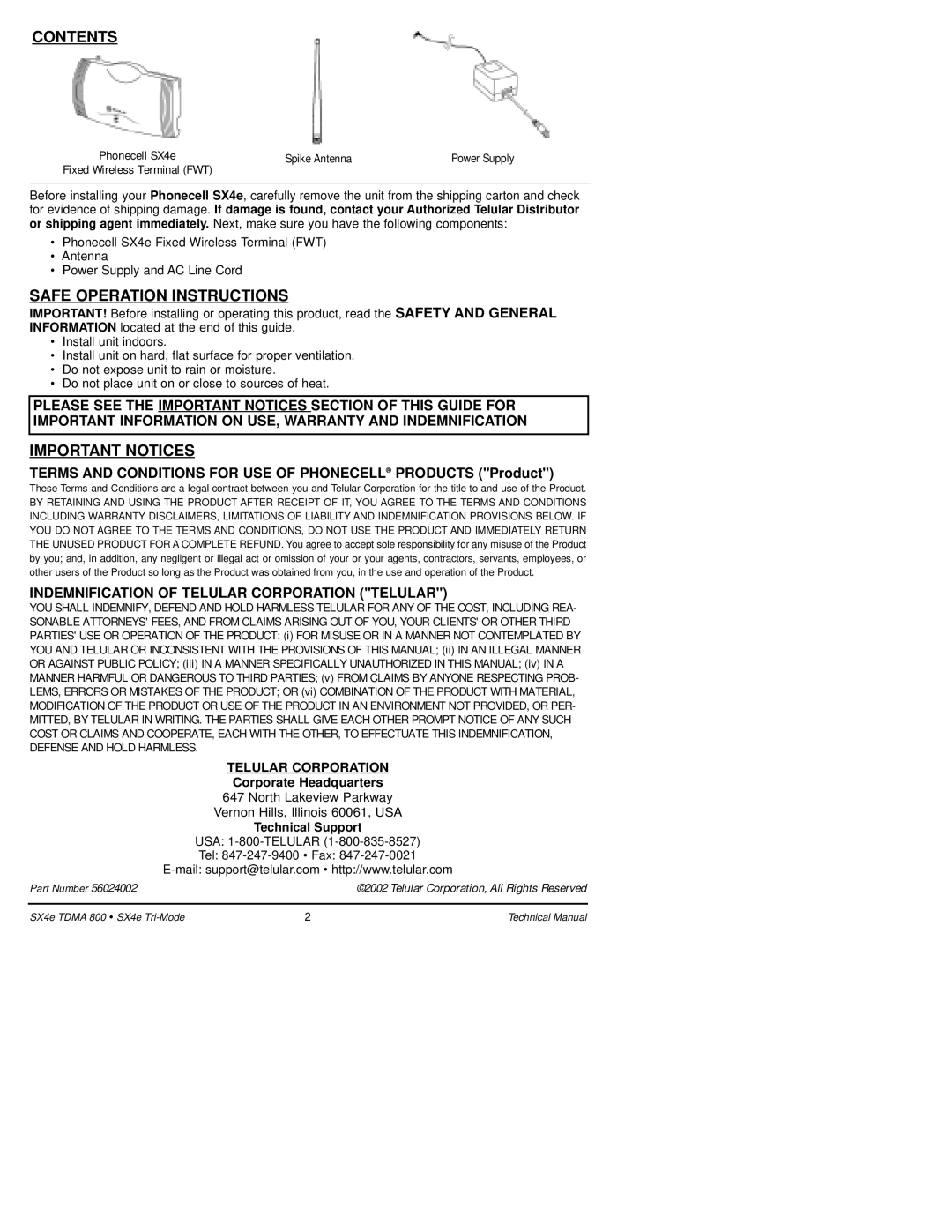 Telular SX4e TDMA technical manual Contents, Safe Operation Instructions, Important Notices 