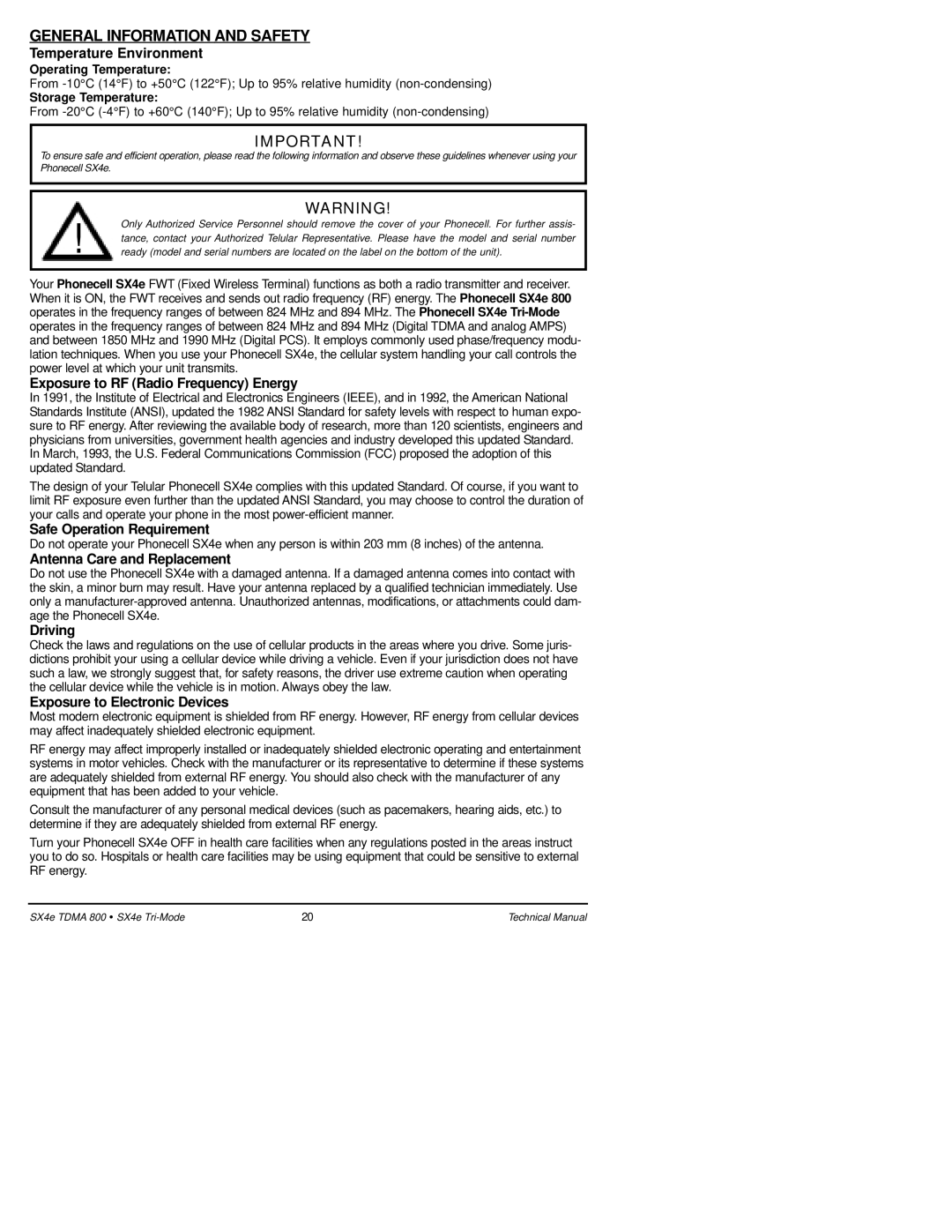 Telular SX4e TDMA technical manual General Information and Safety 