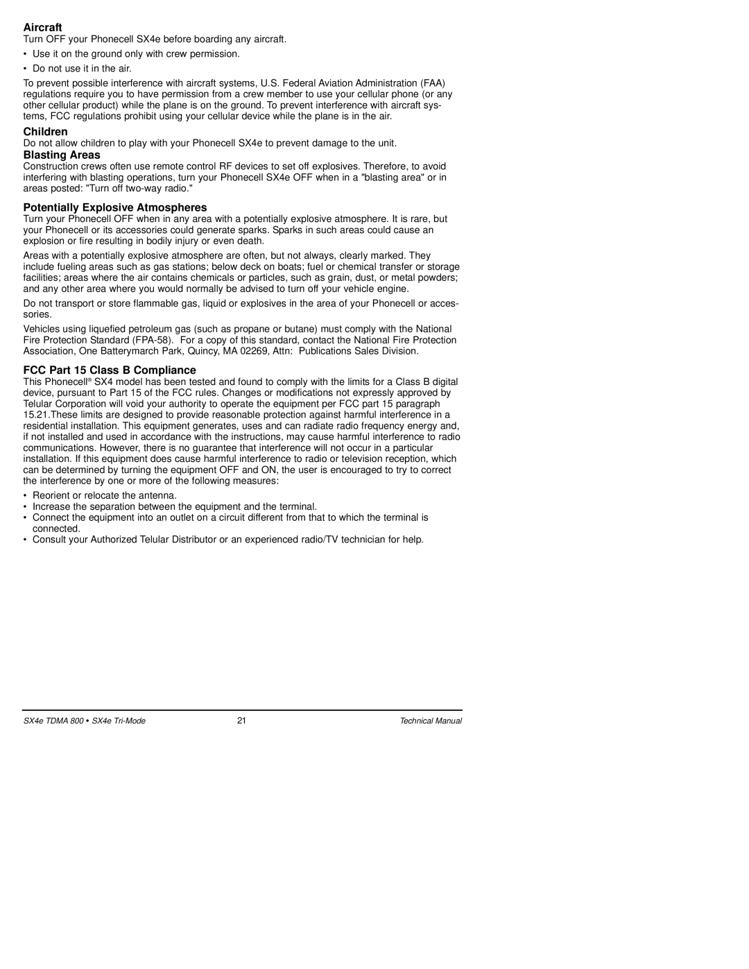 Telular SX4e TDMA Aircraft, Children, Blasting Areas, Potentially Explosive Atmospheres, FCC Part 15 Class B Compliance 