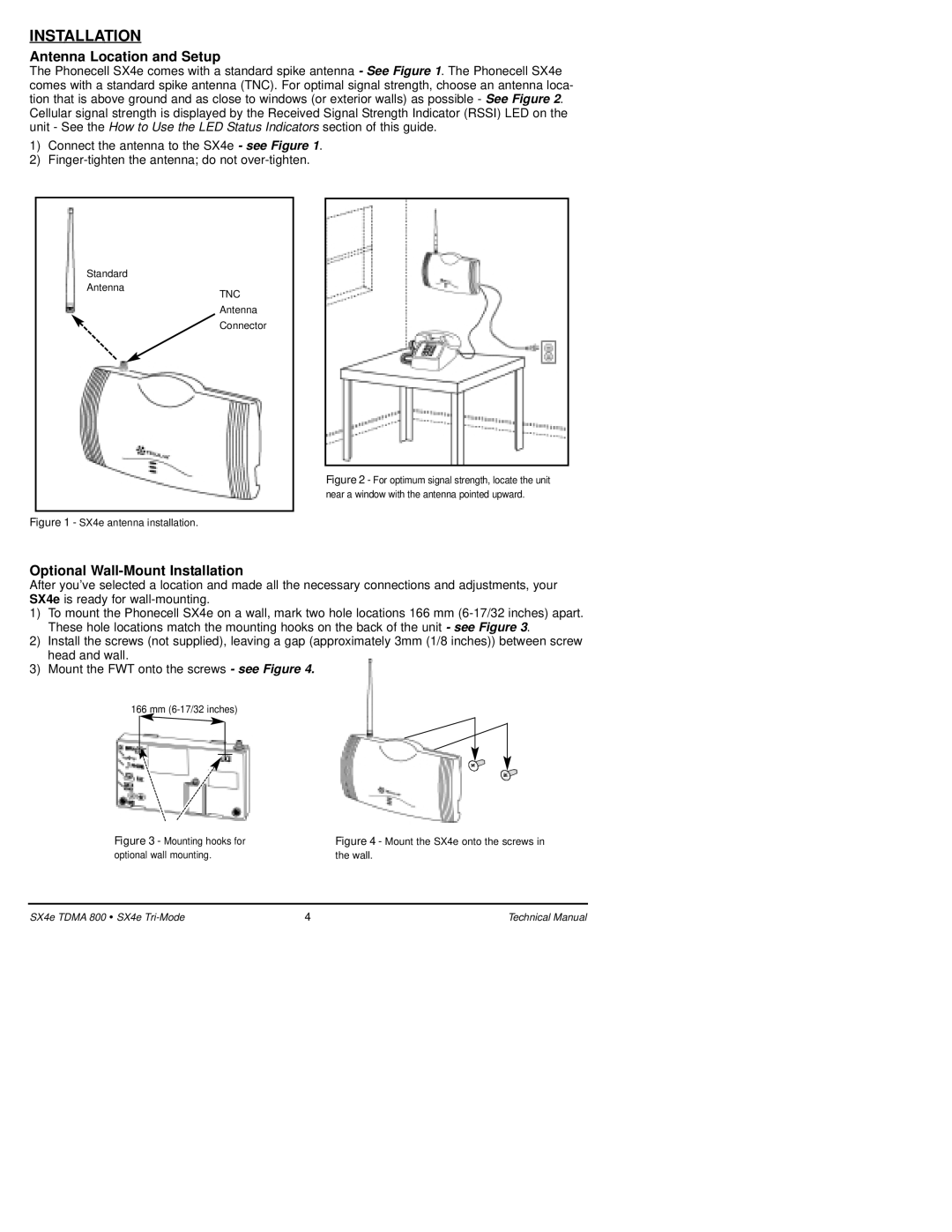 Telular SX4e TDMA technical manual Antenna Location and Setup, Optional Wall-Mount Installation 