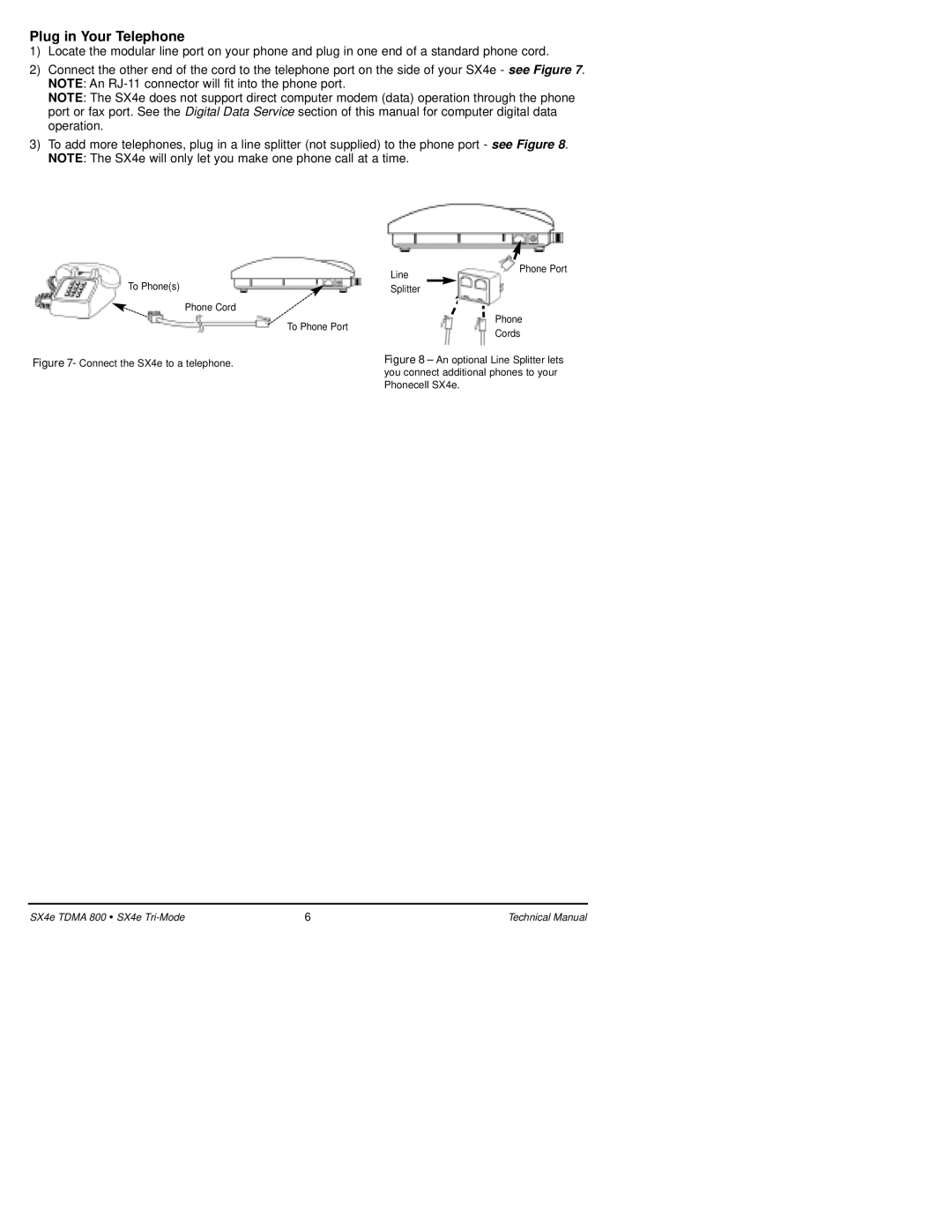 Telular SX4e TDMA technical manual Plug in Your Telephone, Connect the SX4e to a telephone 