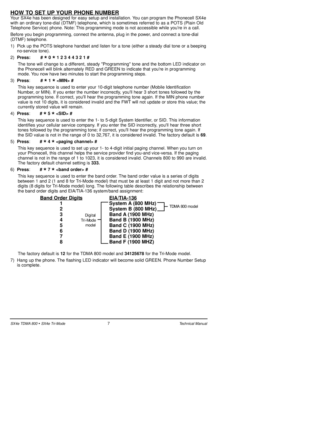 Telular SX4e TDMA technical manual HOW to SET UP Your Phone Number, Band Order Digits 