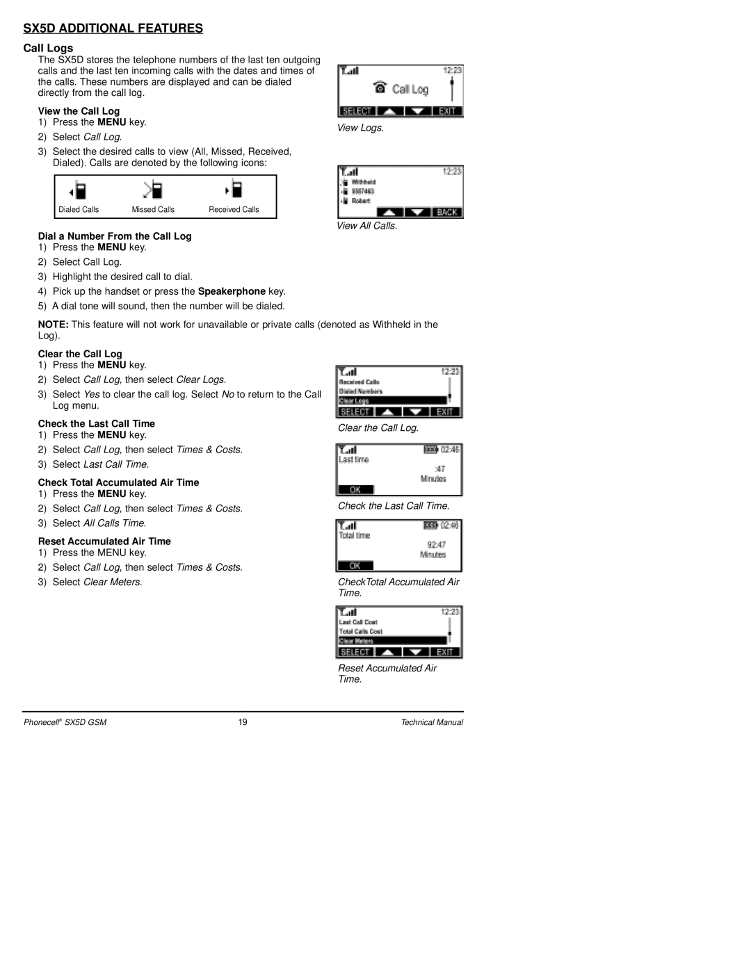 Telular SX5D GSM technical manual SX5D Additional Features, Call Logs 