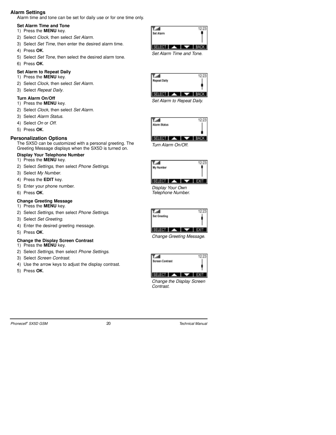 Telular SX5D GSM technical manual Alarm Settings, Personalization Options 