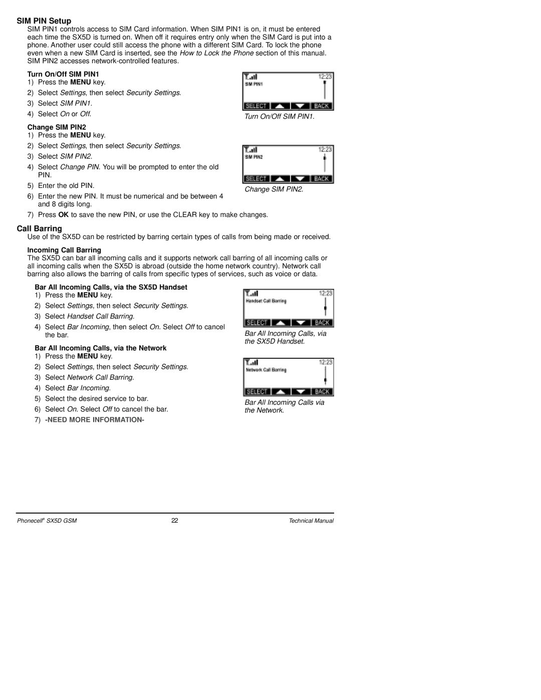 Telular SX5D GSM technical manual SIM PIN Setup, Call Barring 