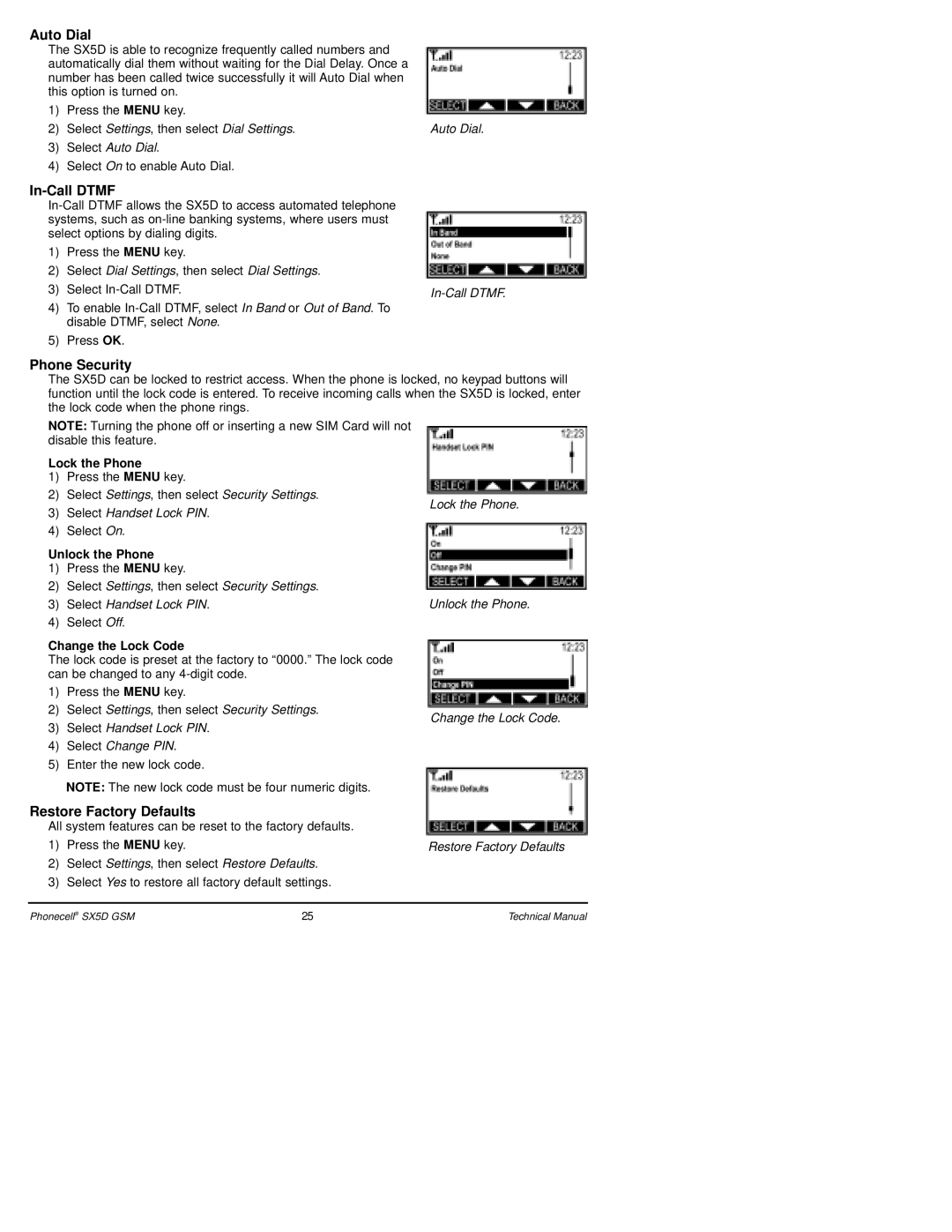 Telular SX5D GSM technical manual Auto Dial, In-Call Dtmf, Phone Security, Restore Factory Defaults 