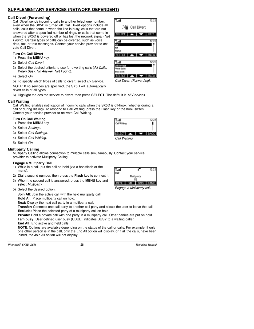 Telular SX5D GSM Supplementary Services Network Dependent, Call Divert Forwarding, Call Waiting, Multiparty Calling 