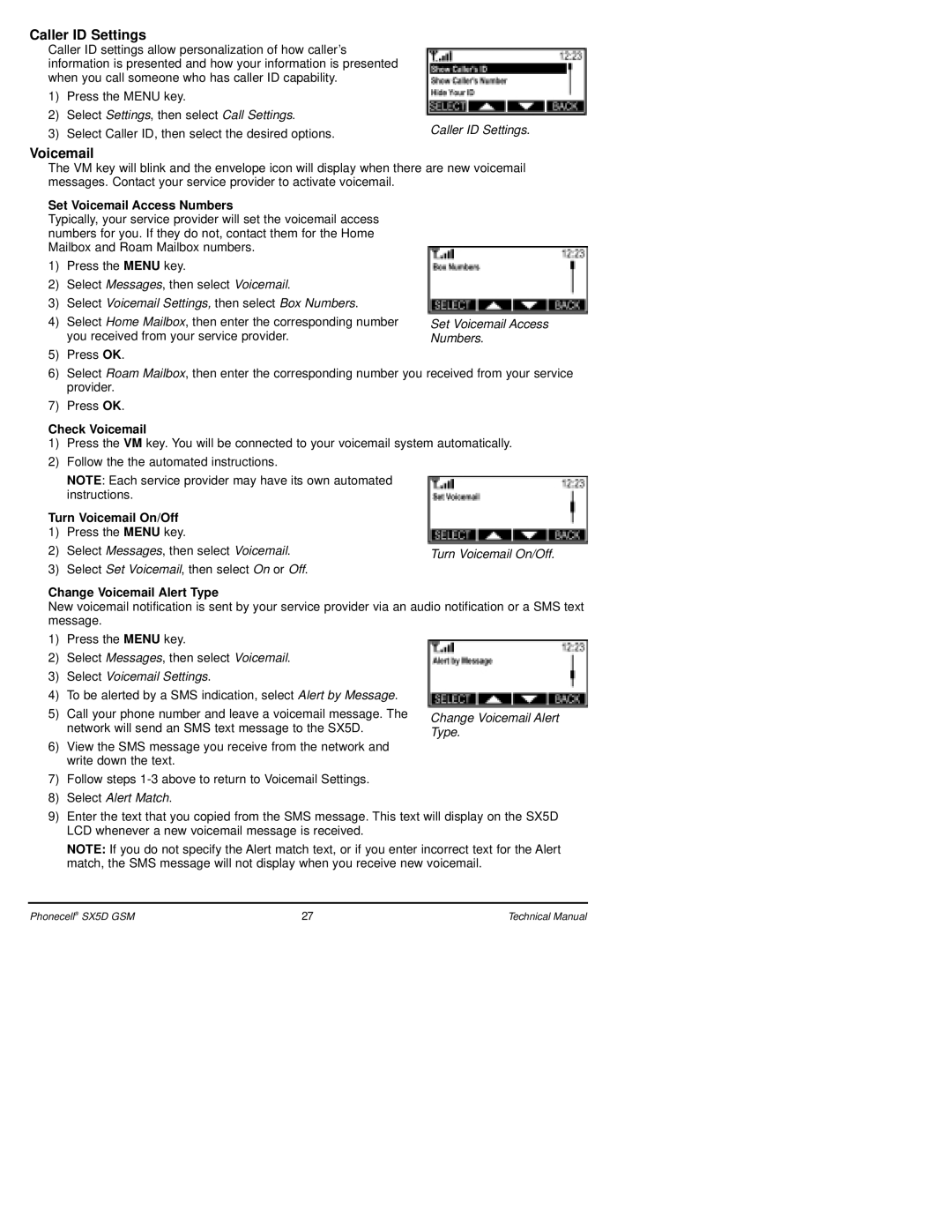 Telular SX5D GSM technical manual Caller ID Settings, Voicemail 