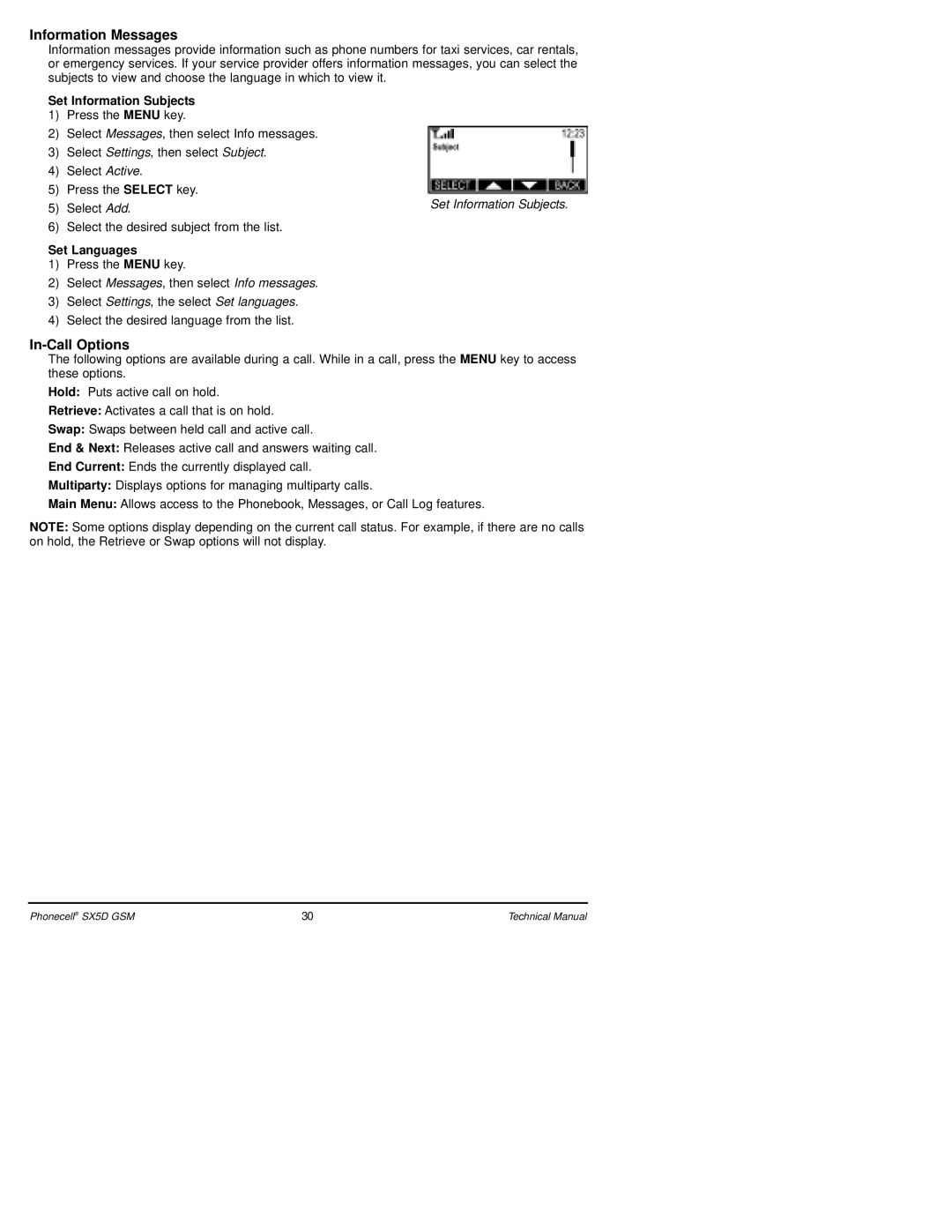 Telular SX5D GSM technical manual Information Messages, In-Call Options, Set Information Subjects, Set Languages 