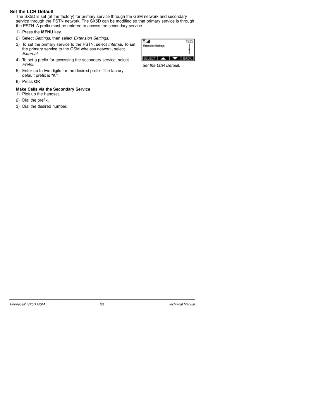 Telular SX5D GSM technical manual Set the LCR Default, Select Settings, then select Extension Settings, Prefix 