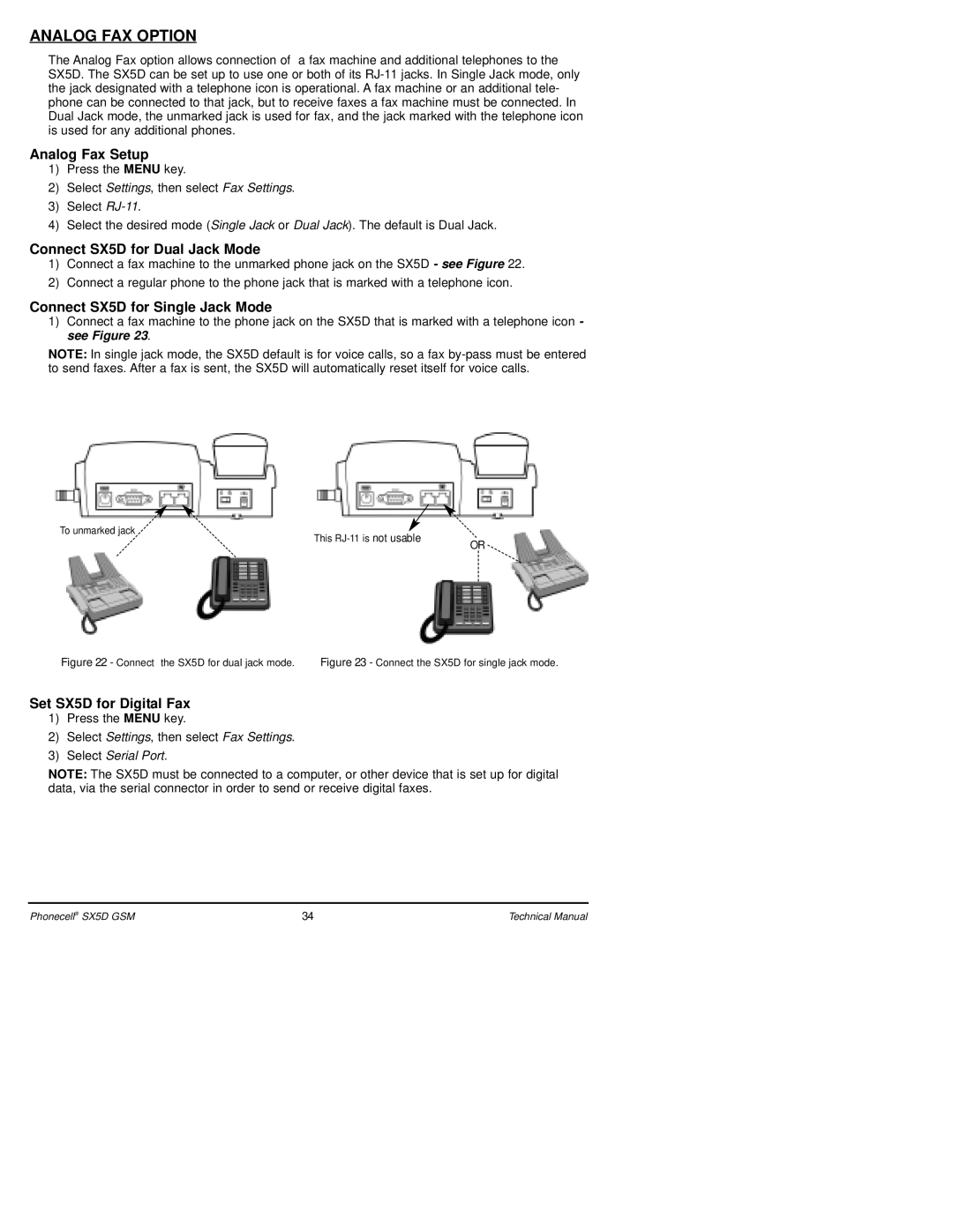 Telular SX5D GSM Analog FAX Option, Analog Fax Setup, Connect SX5D for Dual Jack Mode, Connect SX5D for Single Jack Mode 