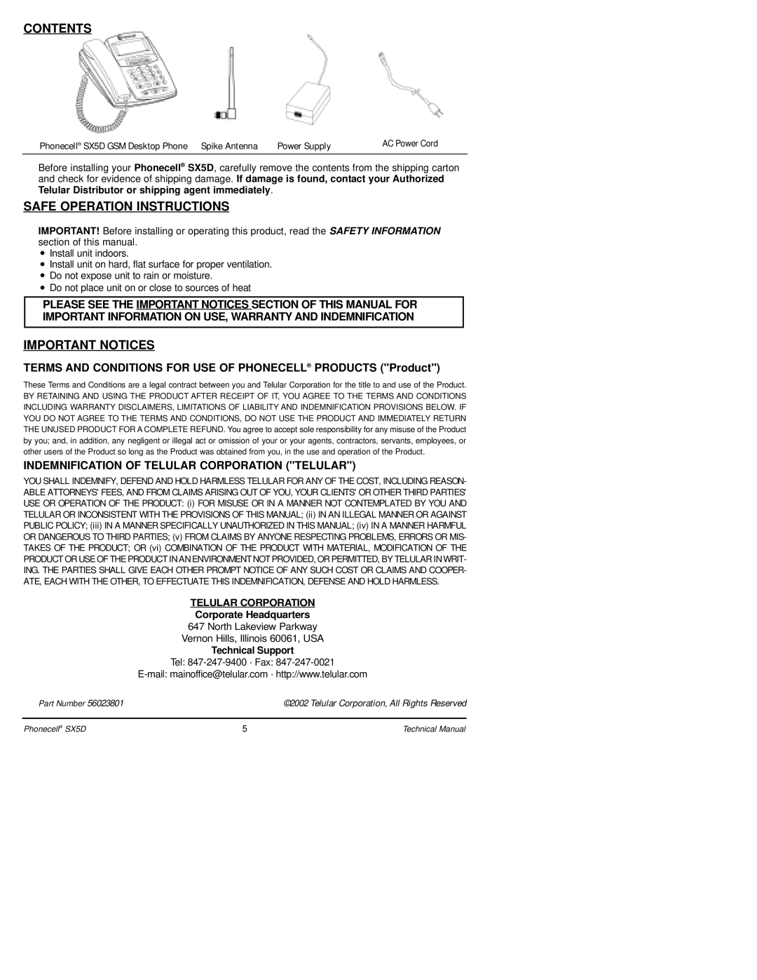 Telular SX5D GSM technical manual Contents, Safe Operation Instructions, Important Notices 