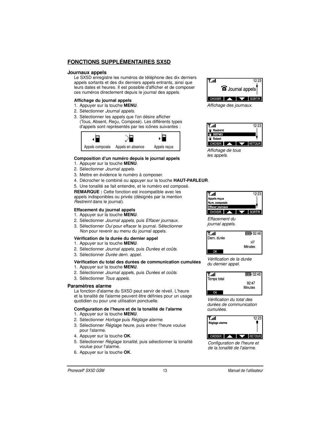 Telular manual Fonctions Supplément Aires SX5D, Journaux appels, Paramètres alarme 