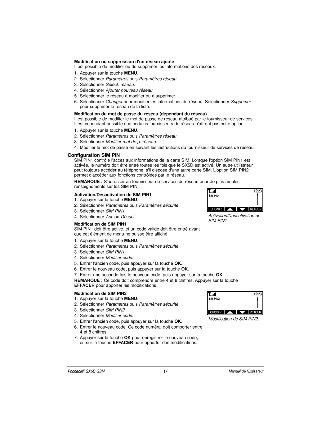 Telular SX5D manual Configuration SIM PIN 