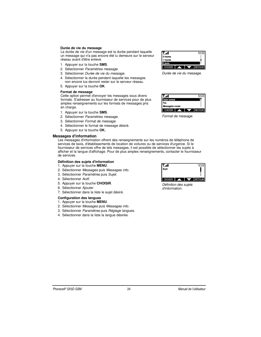 Telular SX5D manual Messages dinformation, Durée de vie du message, Format de message, Définition des sujets dinformation 