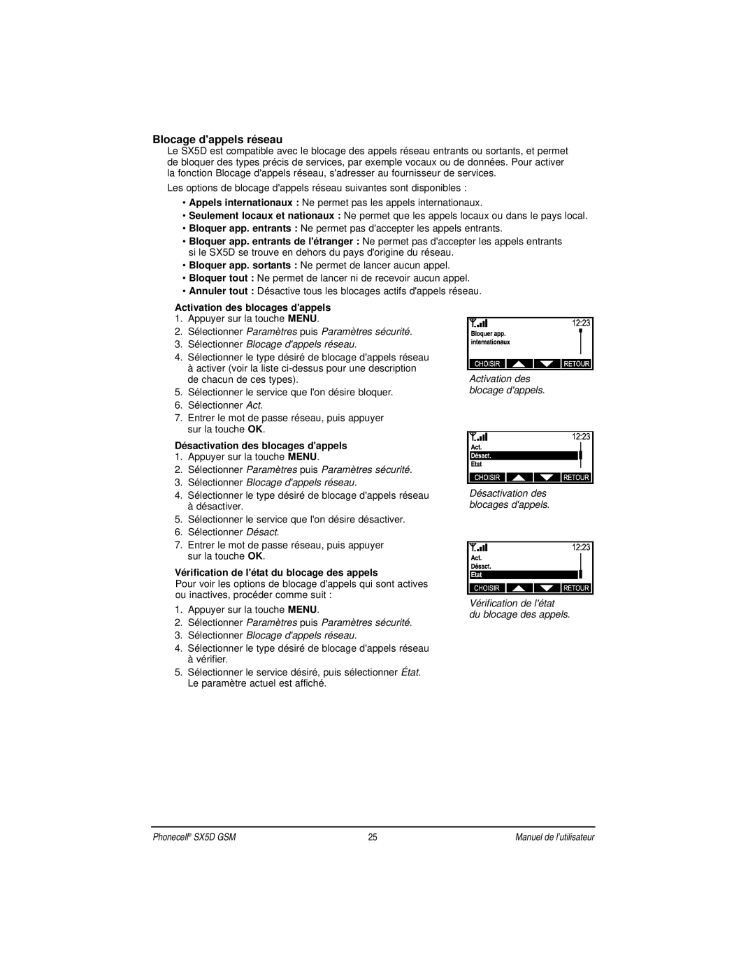 Telular SX5D manual Blocage dappels réseau, Activation des blocages dappels, Désactivation des blocages dappels 