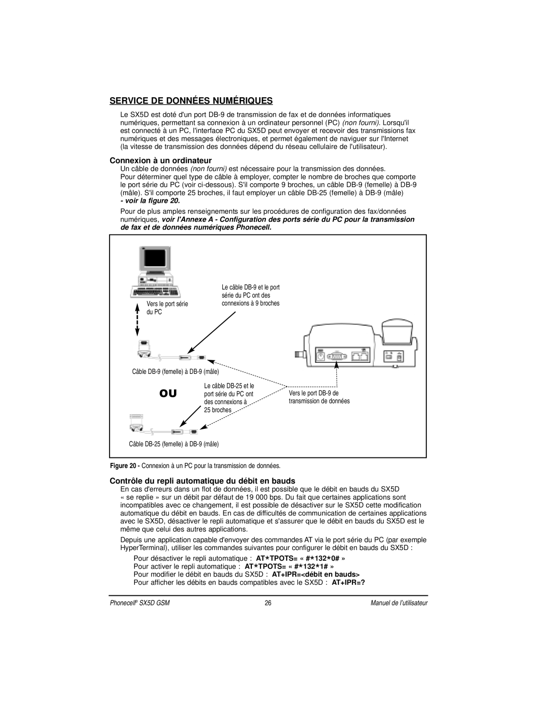 Telular SX5D Service DE Données Numériques, Connexion à un ordinateur, Contrôle du repli automatique du débit en bauds 