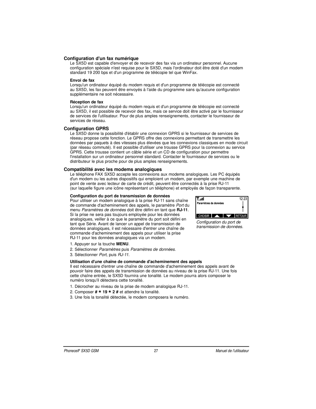 Telular SX5D manual Configuration dun fax numérique, Configuration Gprs, Compatibilité avec les modems analogiques 