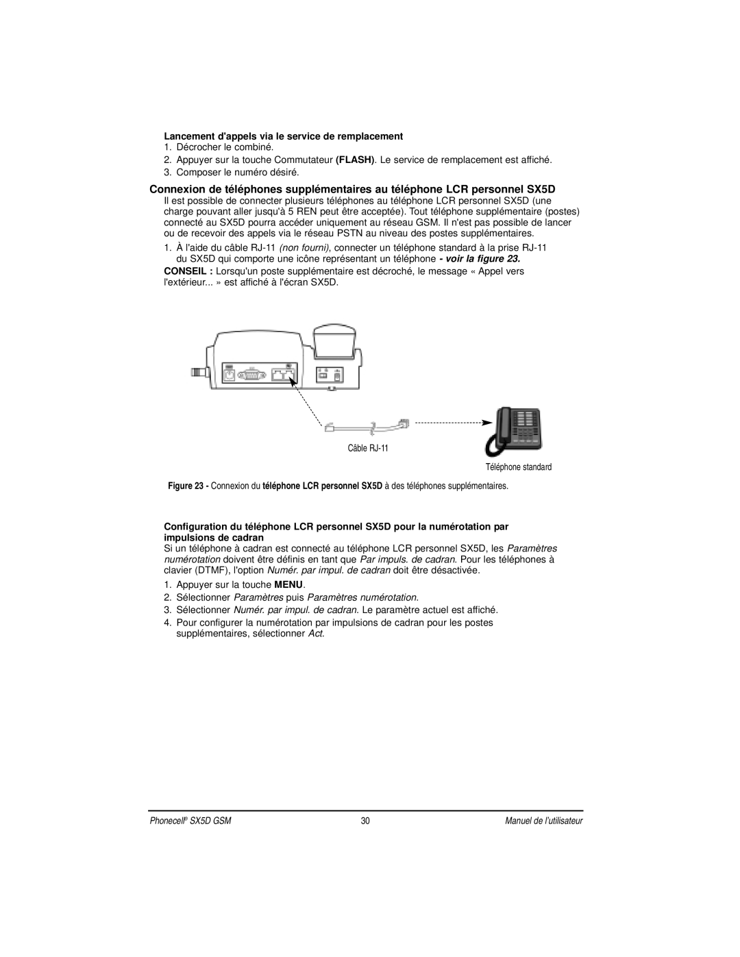 Telular SX5D manual Lancement dappels via le service de remplacement, Sélectionner Paramètres puis Paramètres numérotation 